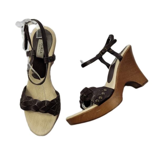 Furla Brown Leather Braided Slingback Studded Platform Sandals size 38 - Picture 1 of 16